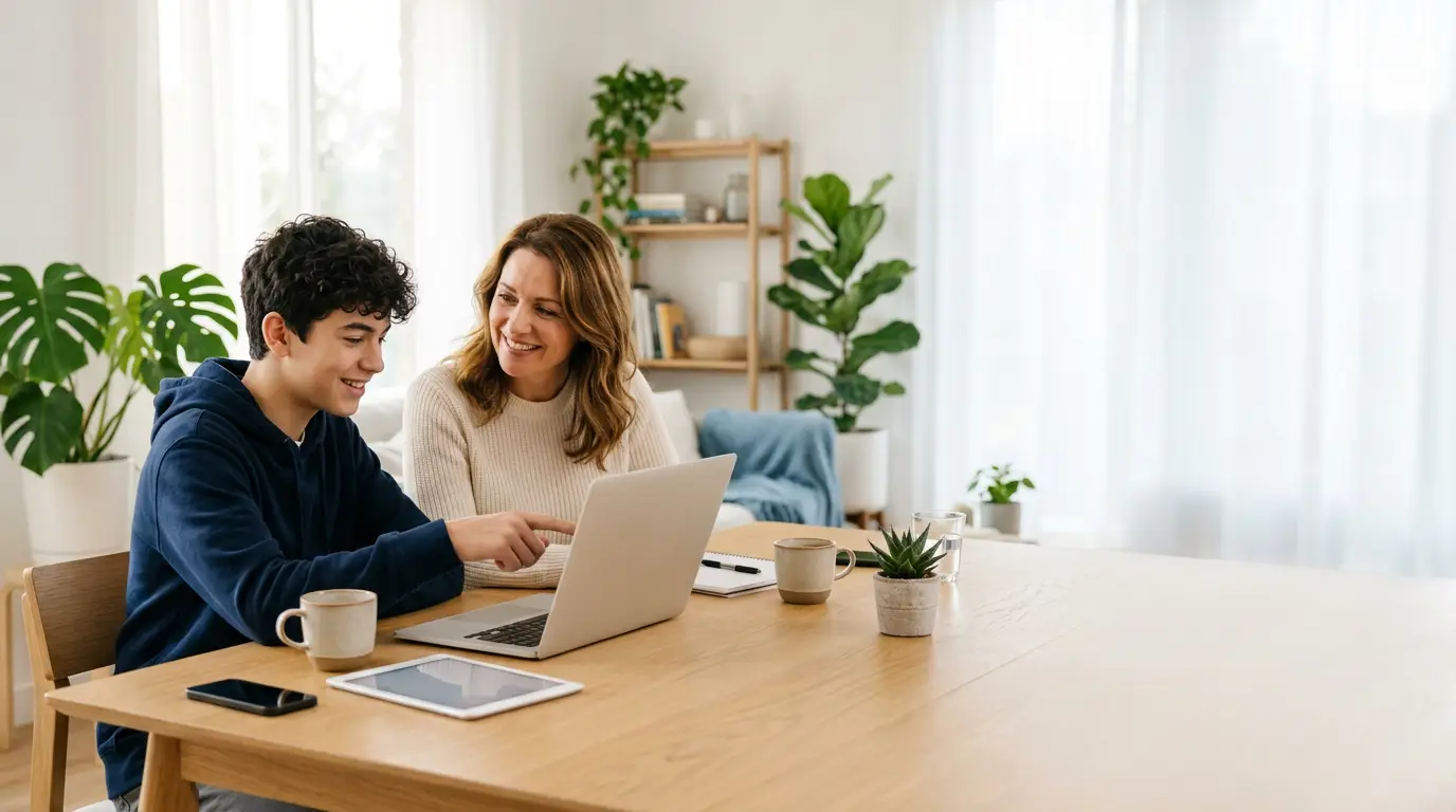 Familie nutzt gemeinsam Laptops und Geräte in einem hellen, modernen Zuhause.