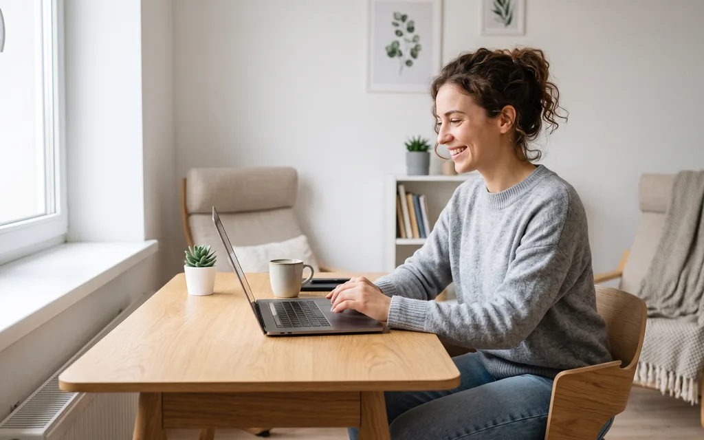Donna sorridente al lavoro con il laptop in un angolo studio a casa.