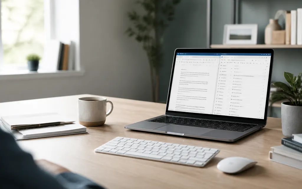 Home-Office-Schreibtisch mit Laptop für Arbeit und Office im Alltag.